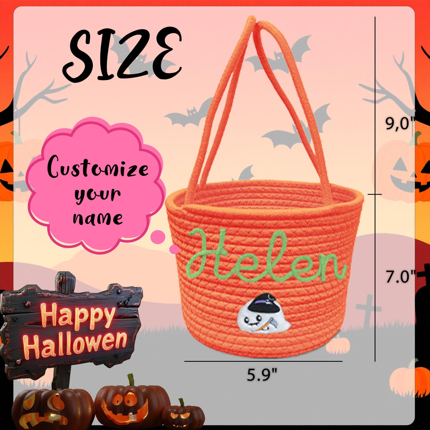 Personalized Halloween Basket Trick or Treat Bag Customized Name Custom Halloween Candy Buckets Gift for Boys Girls,Orange