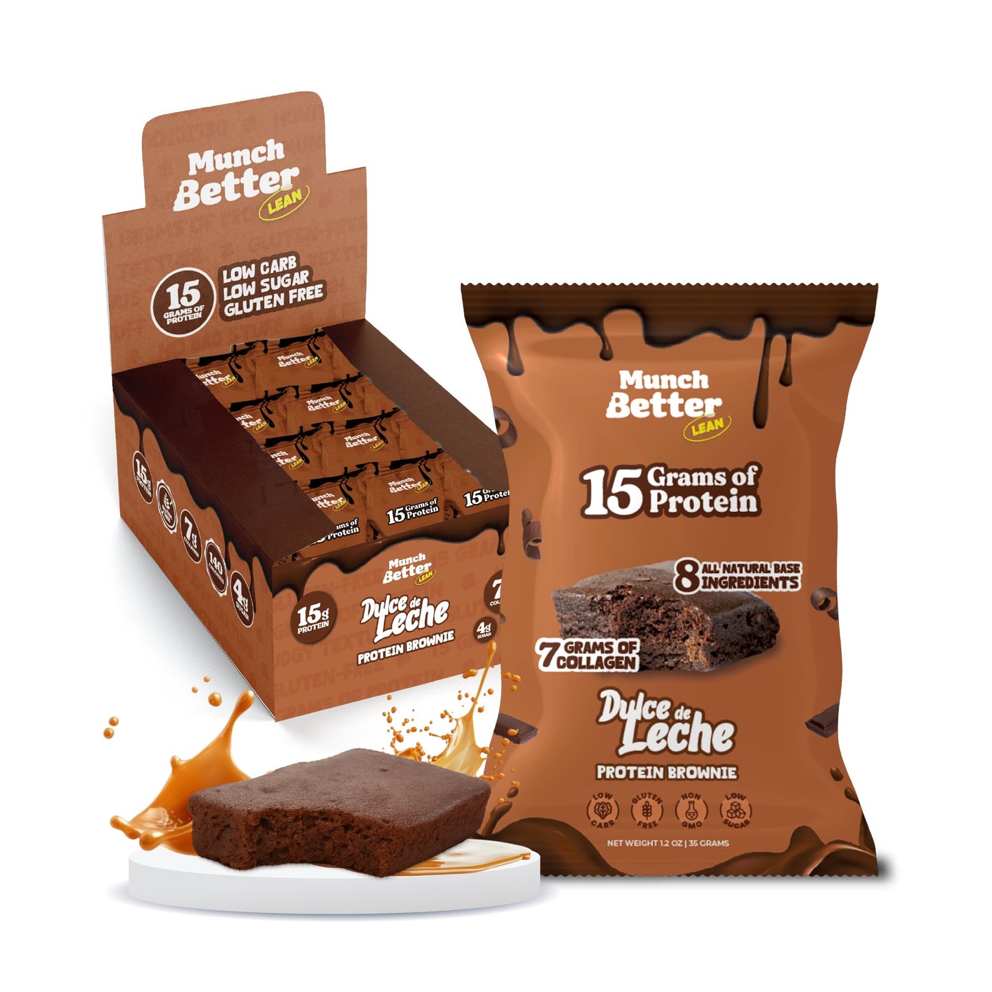 Munch Better Dulce de Leche Brownies - 12 Individually Wrapped Bars, 15g Protein, 7g Collagen, Gluten-Free, Soft Baked Snack with Rich Caramel Flavor