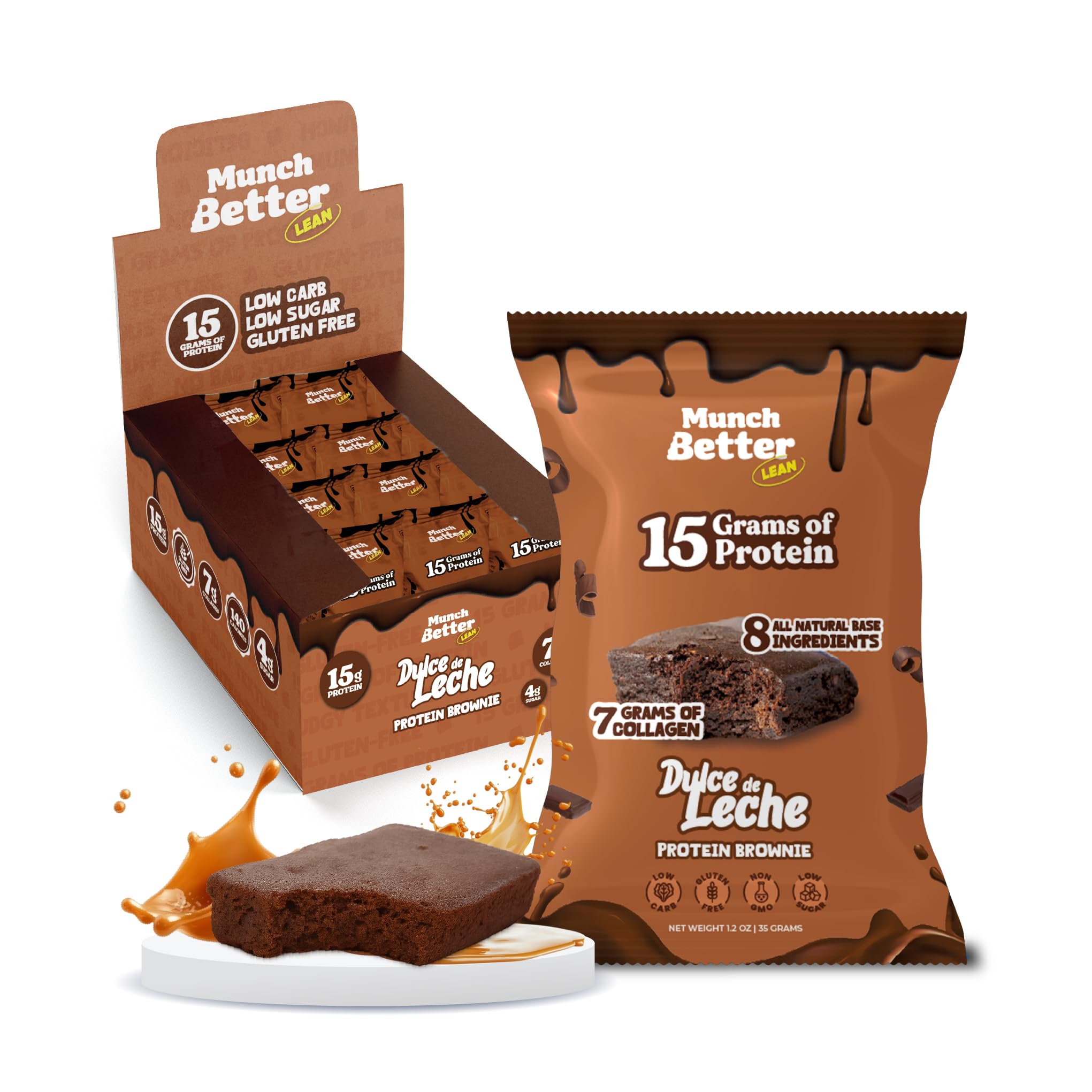Munch Better Dulce de Leche Brownies - 12 Individually Wrapped Bars, 15g Protein, 7g Collagen, Gluten-Free, Soft Baked Snack with Rich Caramel Flavor