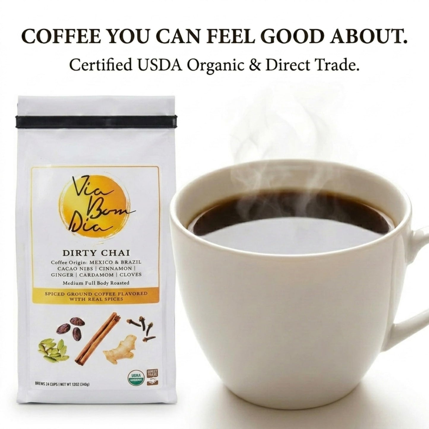 Via Bom Dia 100% Naturally Flavored Ground Coffee, Dirty Chai, Medium Roast, No Artificial Flavors, 12 oz. Bag