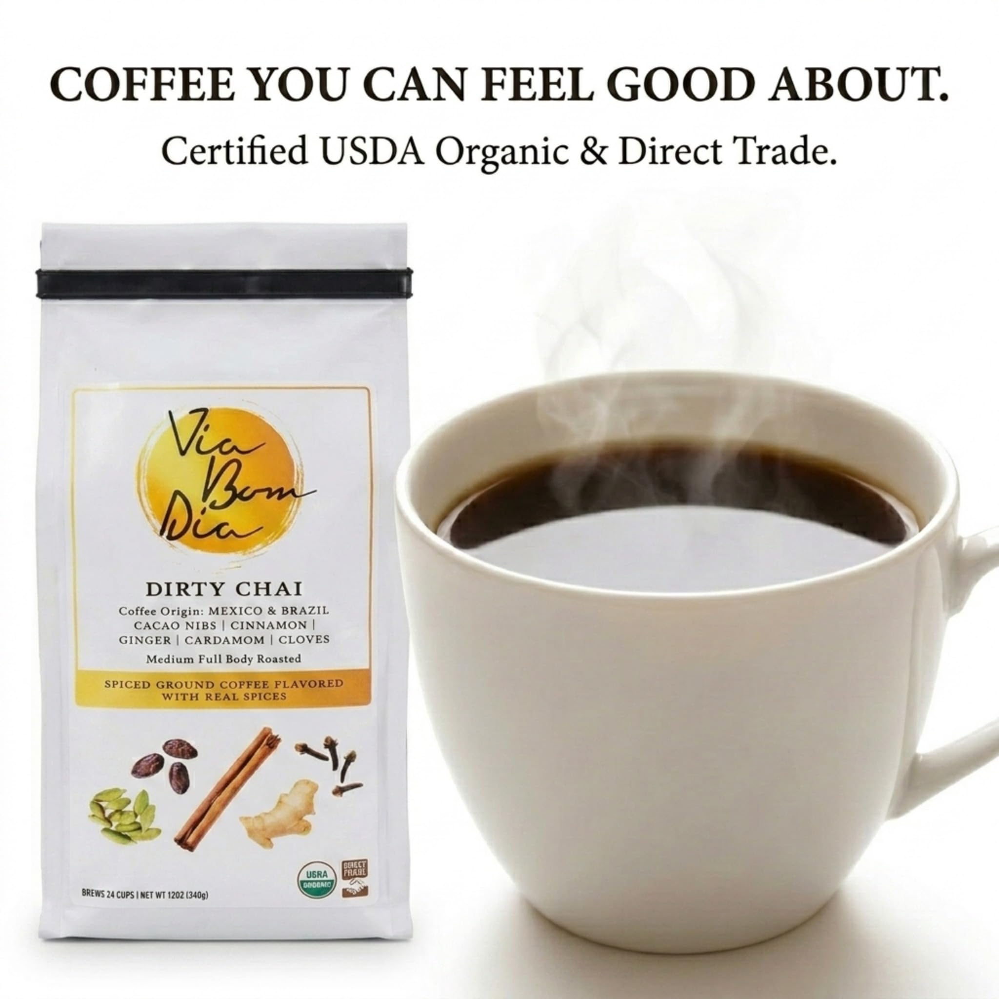 Via Bom Dia 100% Naturally Flavored Ground Coffee, Dirty Chai, Medium Roast, No Artificial Flavors, 12 oz. Bag