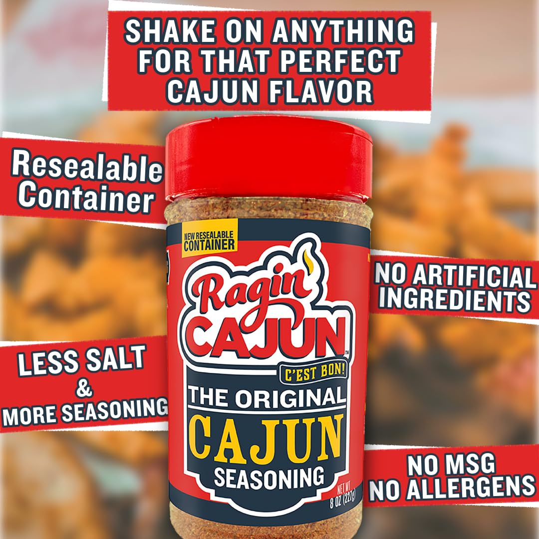 Ragin' Cajun Original Cajun Seasoning - 8 oz Shaker, Pack of 2, Low Sodium, No MSG - Authentic Louisiana Spice for Meats & Seafood