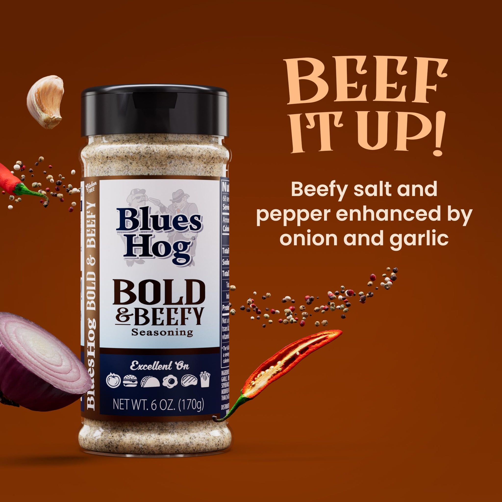 Blues Hog Bold & Beefy Seasoning, Gourmet BBQ Rub for Brisket, Burgers & More, All-Natural, Gluten-Free, Made in the USA, 25 oz