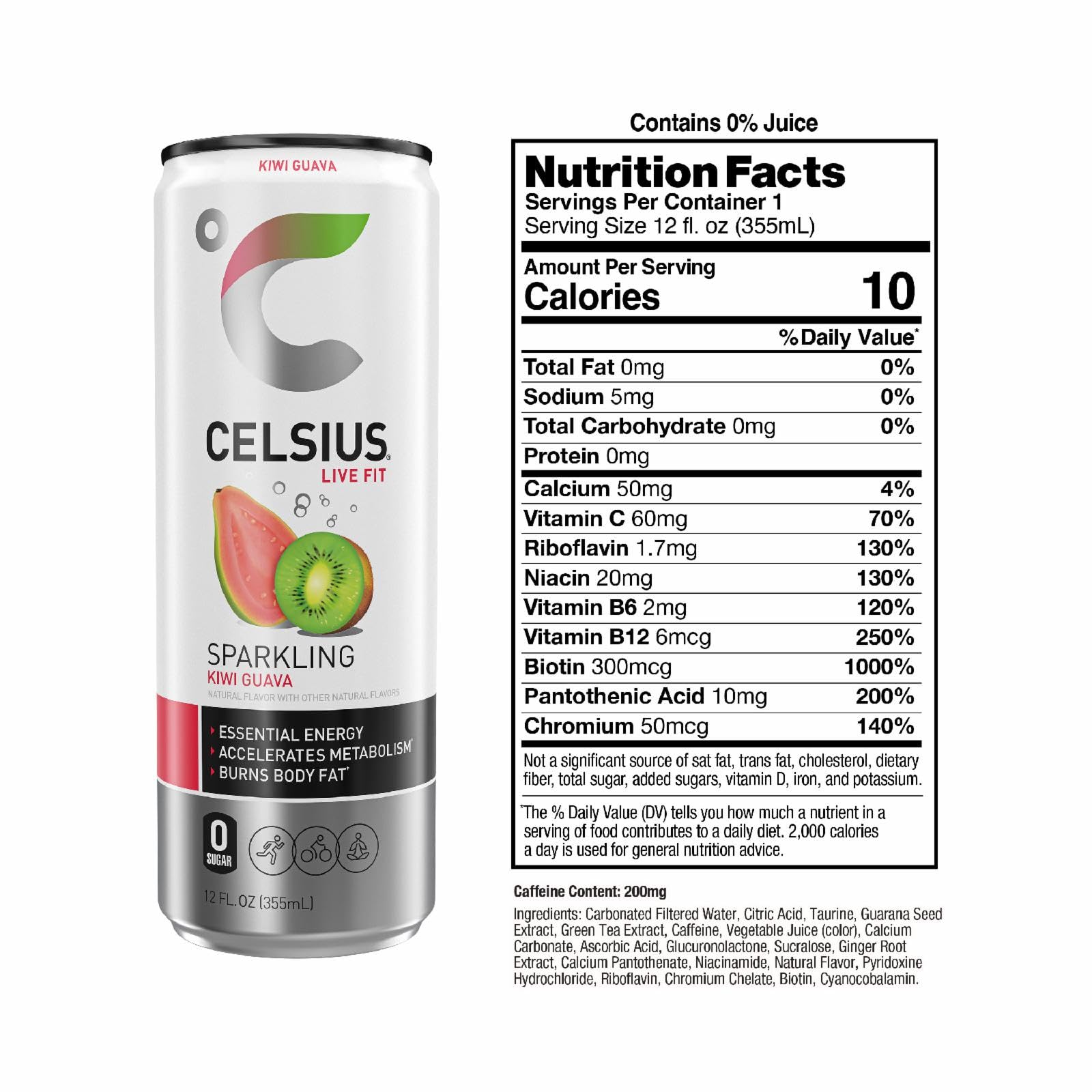 CELSIUS Sparkling Kiwi Guava, Functional Essential Energy Drink, 12 Fl Oz