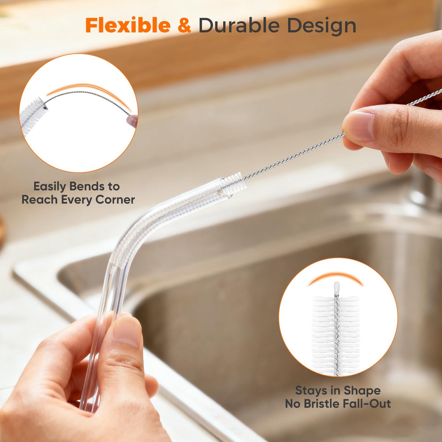 Iwooduubb 10-Packs Premium Straw Cleaner Brush in Mixed Sizes, 8IN Long Reusable Stainless Steel Cleaning Brushes Set with Soft Sturdy Nylon Bristles