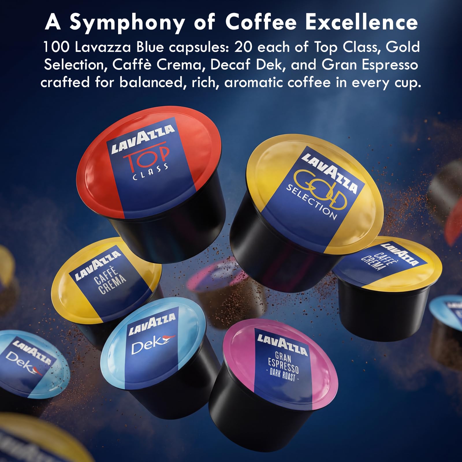 Lavazza Blue Coffee Capsules Variety Pack - 100 Count (20 Pods Each) - Includes Top Class, Caffè Crema, Decaf Dek, Gran Espresso & Gold Selection