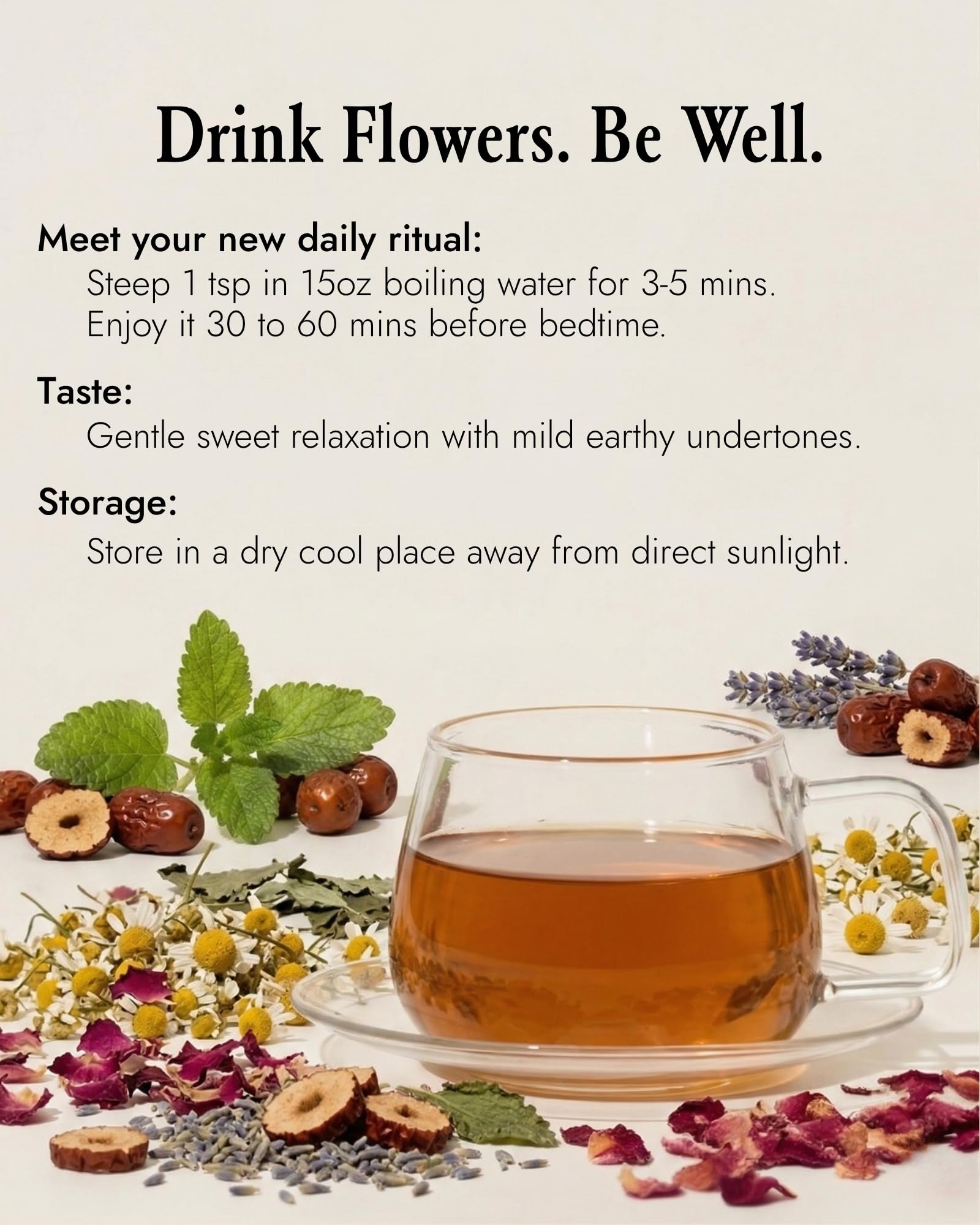 The-Qi Sleep Herbal Tea - 100% All Natural Whole Dried Flowers & Herbs Tea for Calm & Relaxation - Chamomile, Rose Petals, Lavender, Jujube Dates