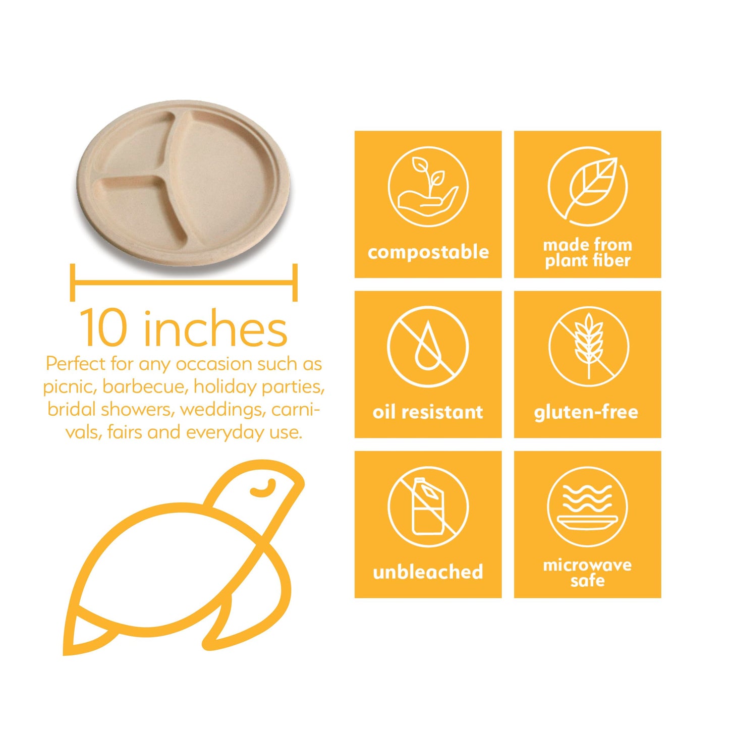 100% Compostable Disposable Paper Plates Bulk [10" 3-Comp 50 Pack], Bamboo Plates, Eco Friendly, Biodegradable, Sturdy Large Dinner Party Plates