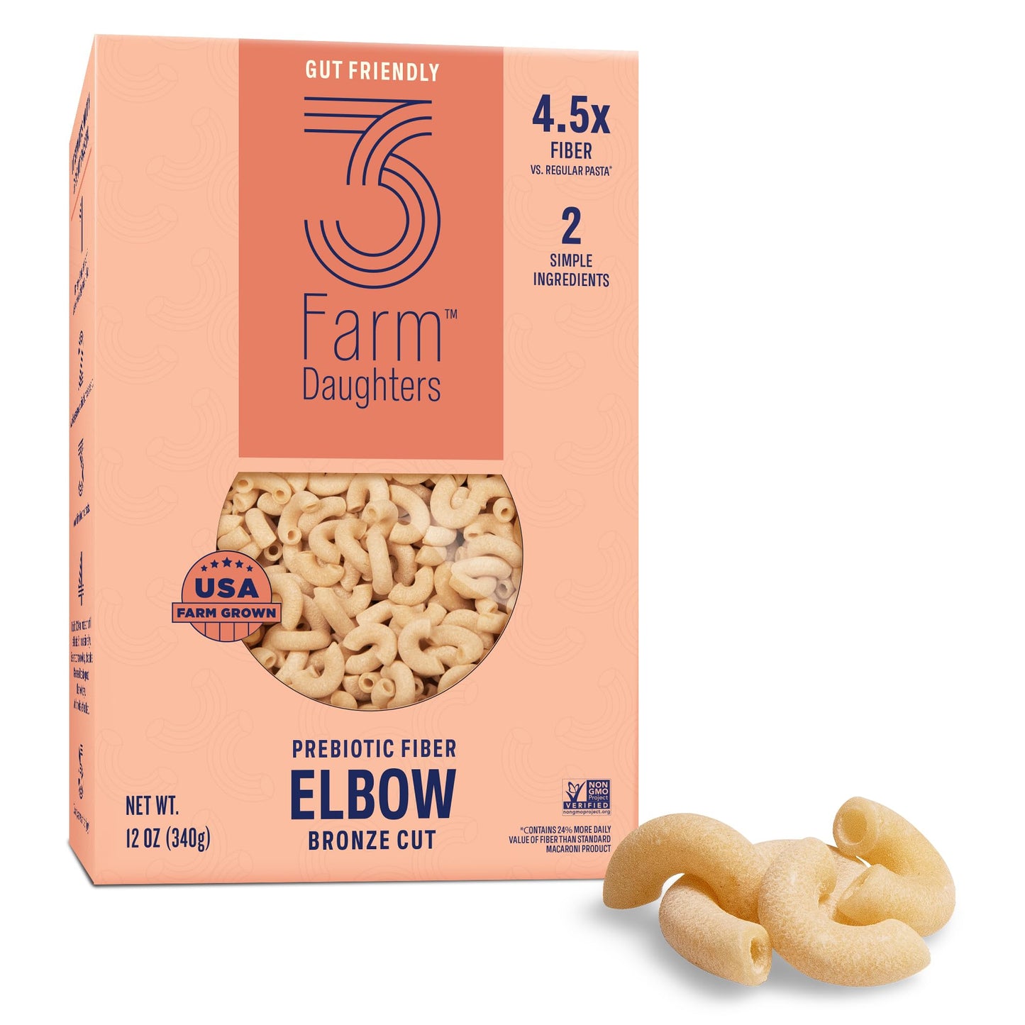 Three Farm Daughters High Fiber Elbow Macaroni Pasta Pack, Low GI, Non GMO Elbow Pasta Noodles, Low Net Carb, Made in the USA, 12 oz. (1 Pack)