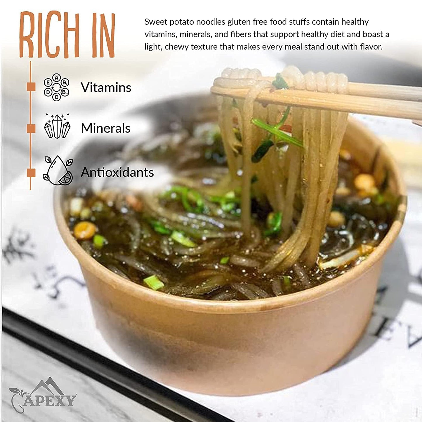 APEXY Sweet Potato Glass Noodles, Japchae Noodles, Korean Vermicelli Pasta, Fat-free and Gluten-free, 100% Sweet Potato Starch, No Additive, No Alum