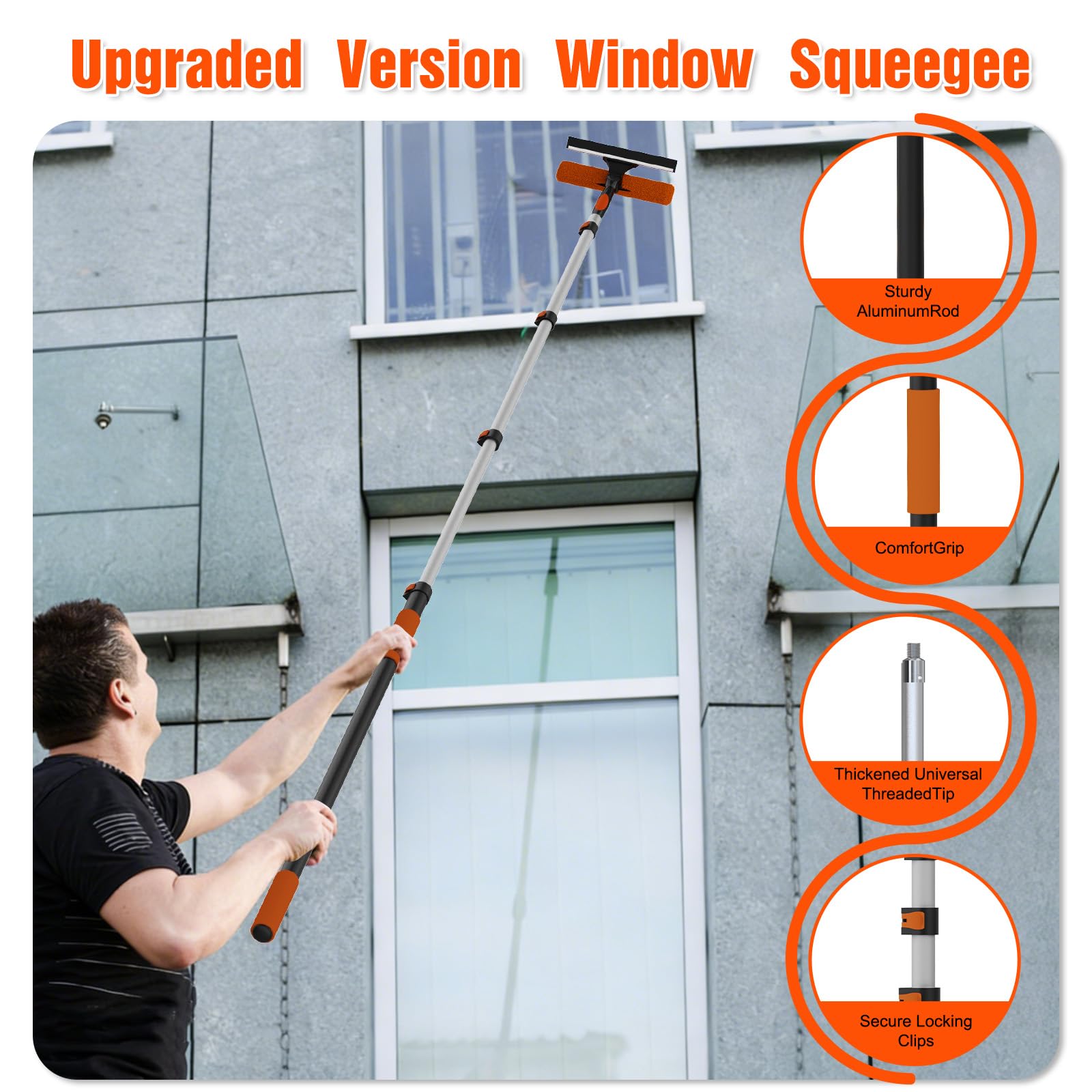 Window Squeegee Kit with Extension Pole, 2-in-1 Professional Washer for High Windows, 3-12FT Adjustable Reach, Rotatable Head for Indoor & Outdoor