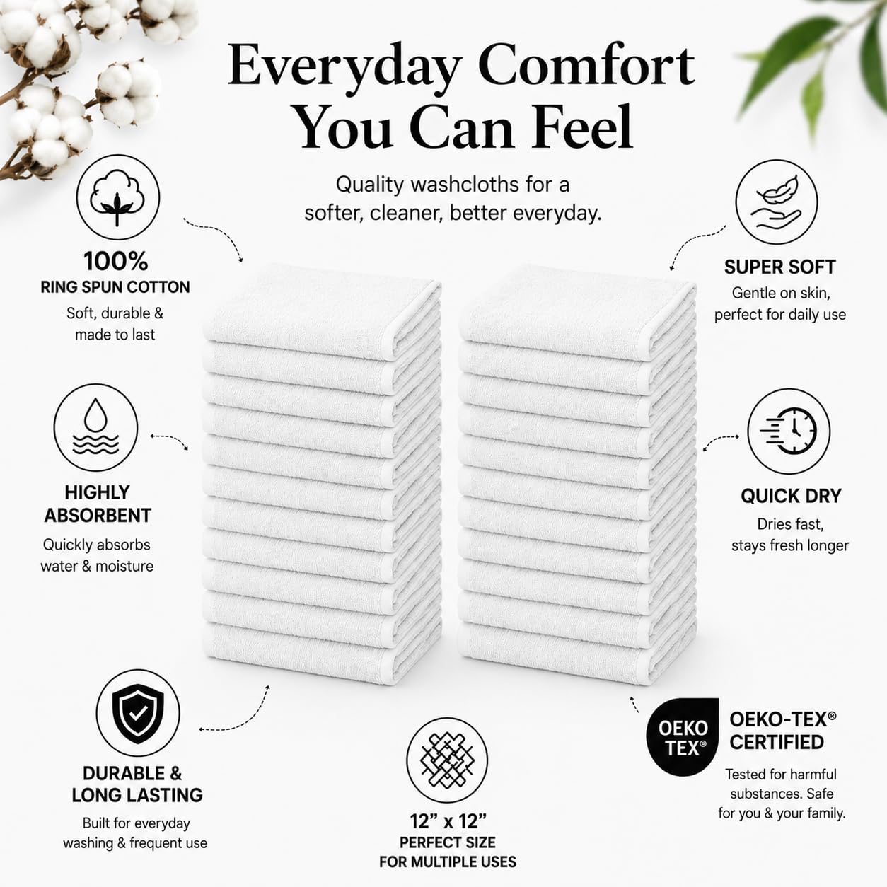 24 Pack Washcloths, 12x12 Lightweight Cleaning Towels, 100% Ring Spun Cotton, Bulk Utility Rags for Kitchen, Cleaning, Workshop, Garage, Reuseable