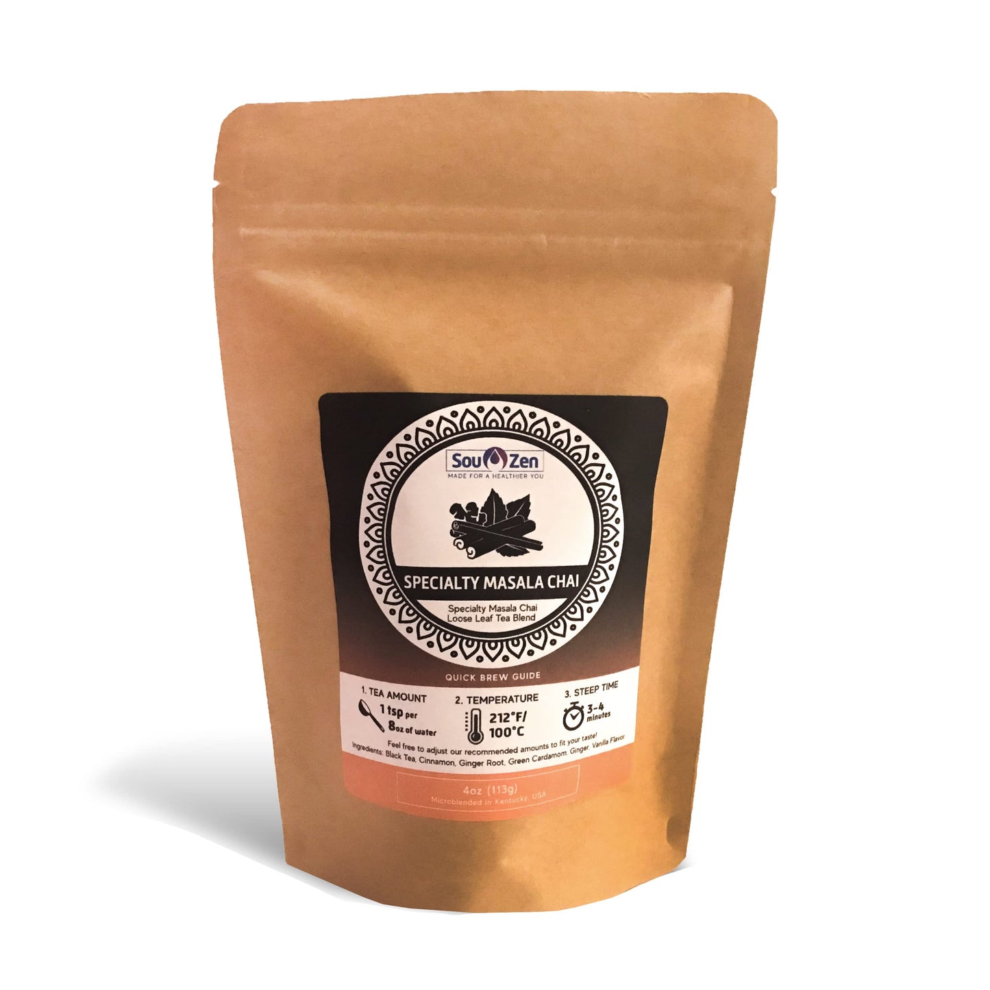 Sou Zen Specialty Masala Chai 4oz (113g) Loose Leaf Tea | Premium Quality Black Tea Leaves and Naturally Organic Ingredients | Special Blend of Black