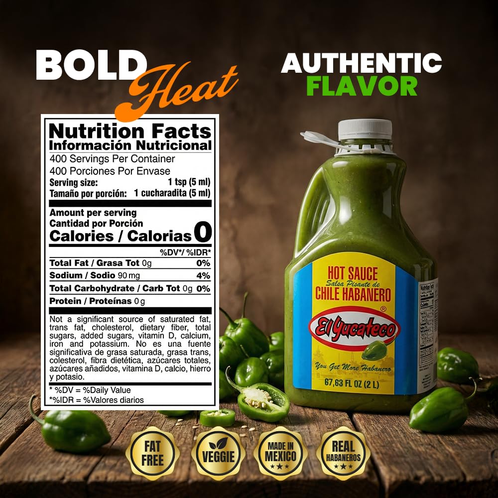 El Yucateco Green Habanero Hot Sauce, Authentic Mexican Chile Habanero Sauce, 8 fl oz (240 ml), Gluten Free (Half Gallon)