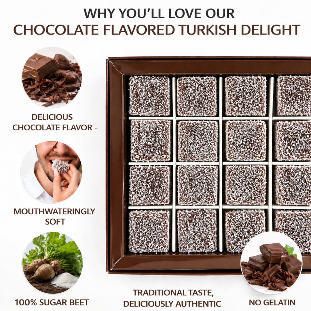 Turkish Delight Chocolate Flavor 450g (~1lb) - Traditional Lokum Candy with Rich Chocolate Taste - Soft Chewy Gourmet Dessert - No Additives - Made