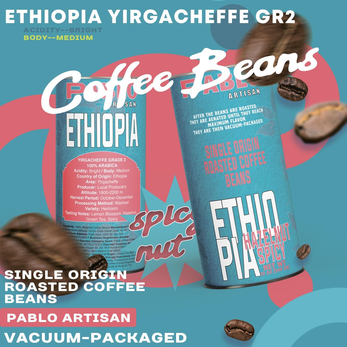 Pablo Artisan Ethiopia Yirgacheffe Grade 2 Single Origin Coffee Beans - Medium Dark Roast Whole Bean Coffee, 100% Arabica Espresso Beans, Notes