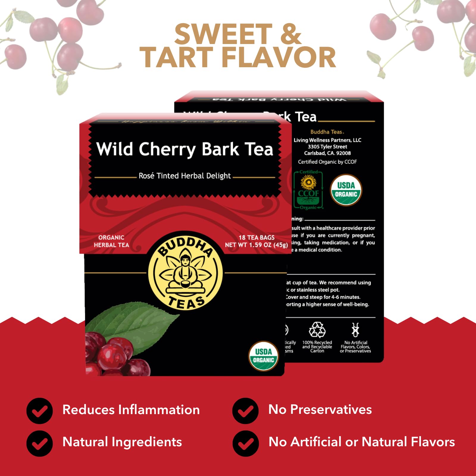 Buddha Teas - Organic Wild Cherry Bark Tea - Herbal Tea - For Health & Wellbeing - Supports Respiratory & Digestive Health - Clean Ingredients