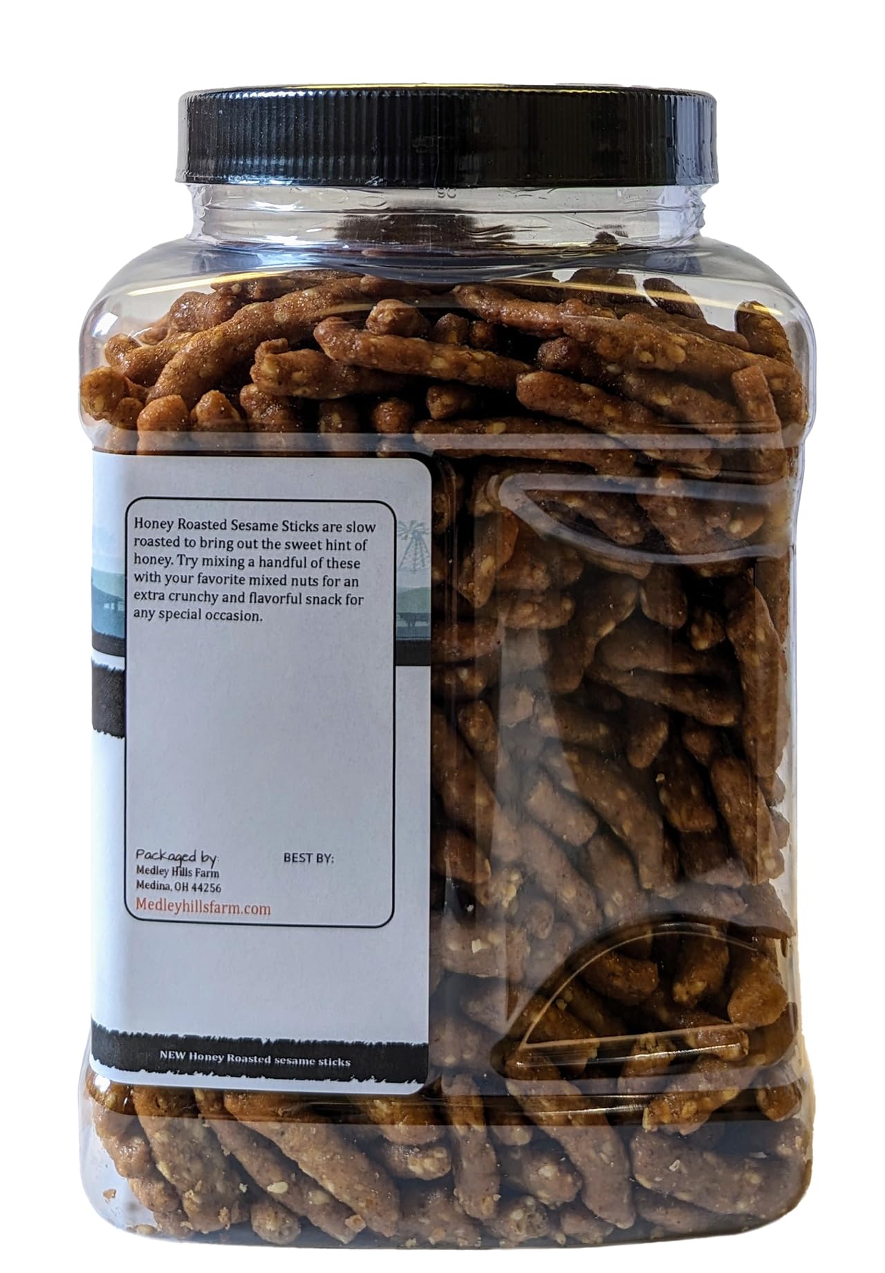Sesame Sticks Snacks Honey Roasted 1 lb. - By Medley Hills Farm in Reusable Container - Fresh honey roasted sesame sticks - Sweet and Salty Flavored