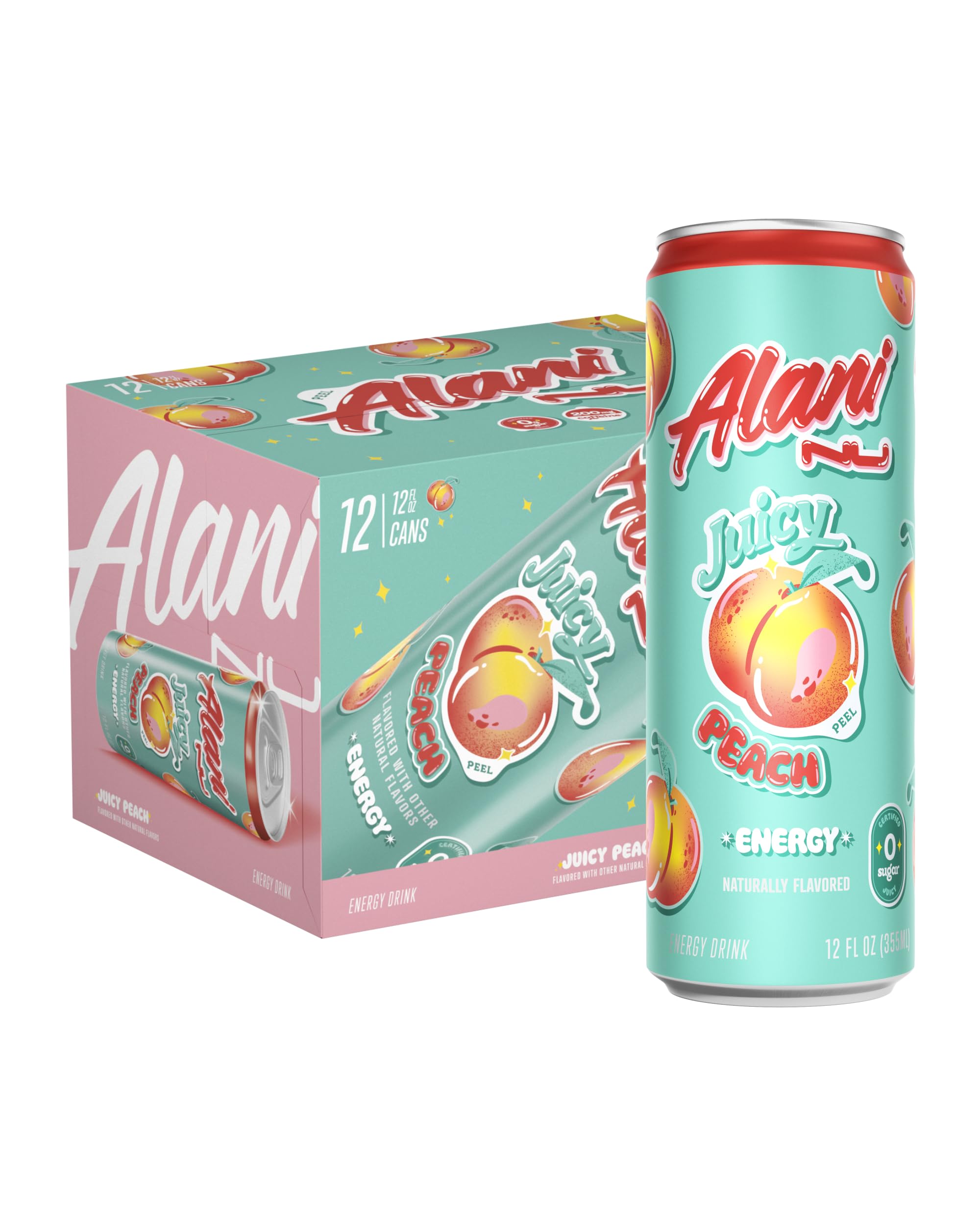 Alani Nu JUICY PEACH, Sugar Free, Low Calorie Energy Drinks, 200mg Caffeine, Biotin, B Vitamins, Zero Sugar, 10 Calories, 12 Fl Oz Cans, 12 Pack