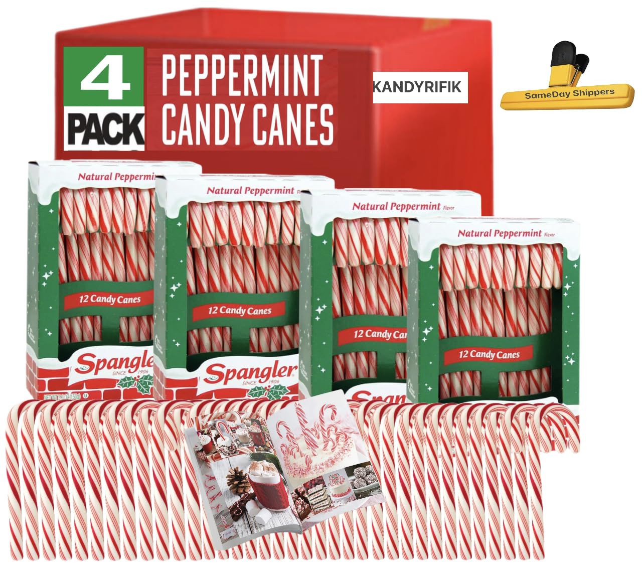 CANDY CANES (4 PACK SPANGLER CANDY CANES) | Spangler Peppermint Candy Canes | 48 - Individually Wrapped Candy Canes | SameDay Shippers Branded