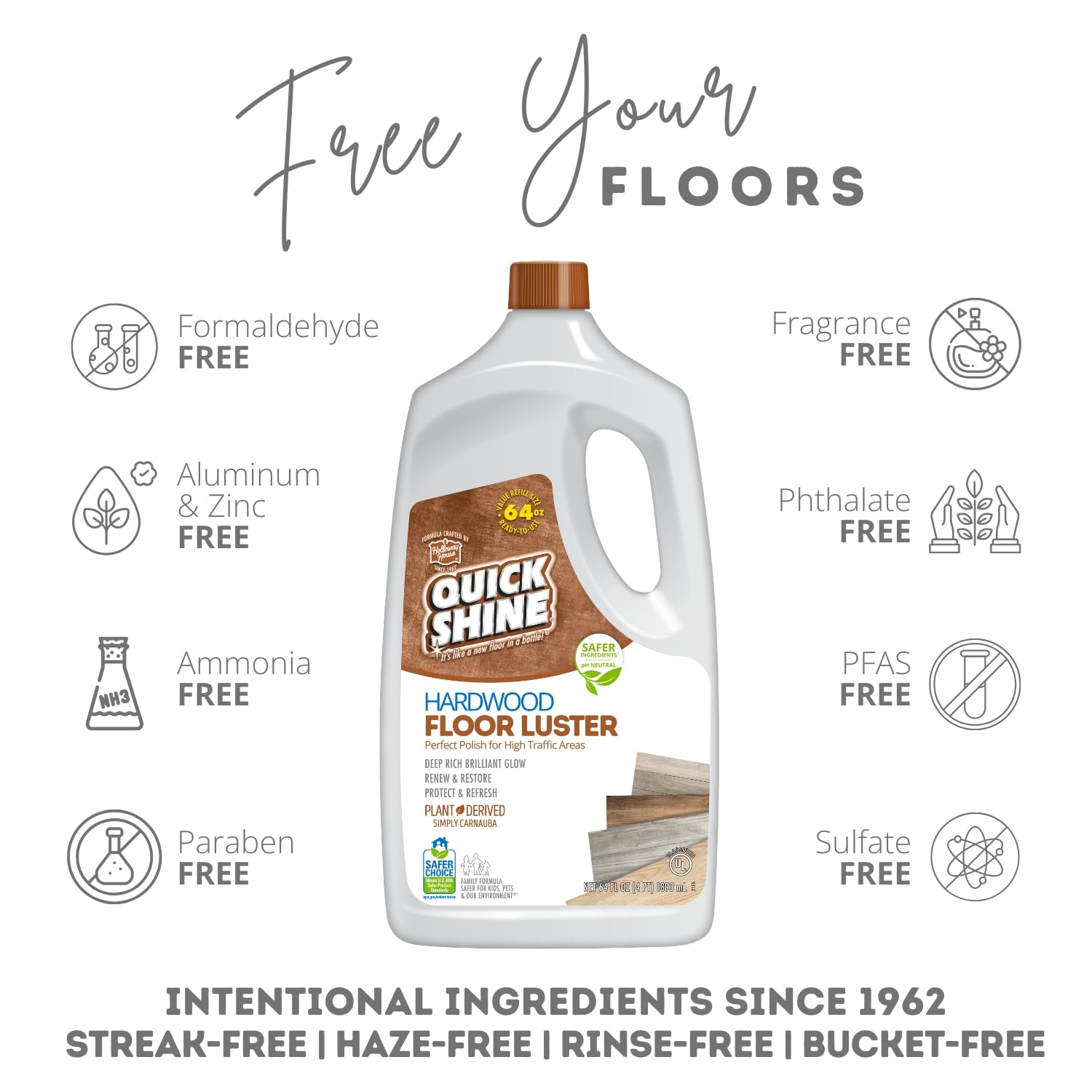 Quick Shine Hardwood Floor Luster-Polish 64oz | Plant-Derived w/Carnauba | Safer Choice, No PFAS, pH Neutral | Ready to Use Formula w/Anti-Slip