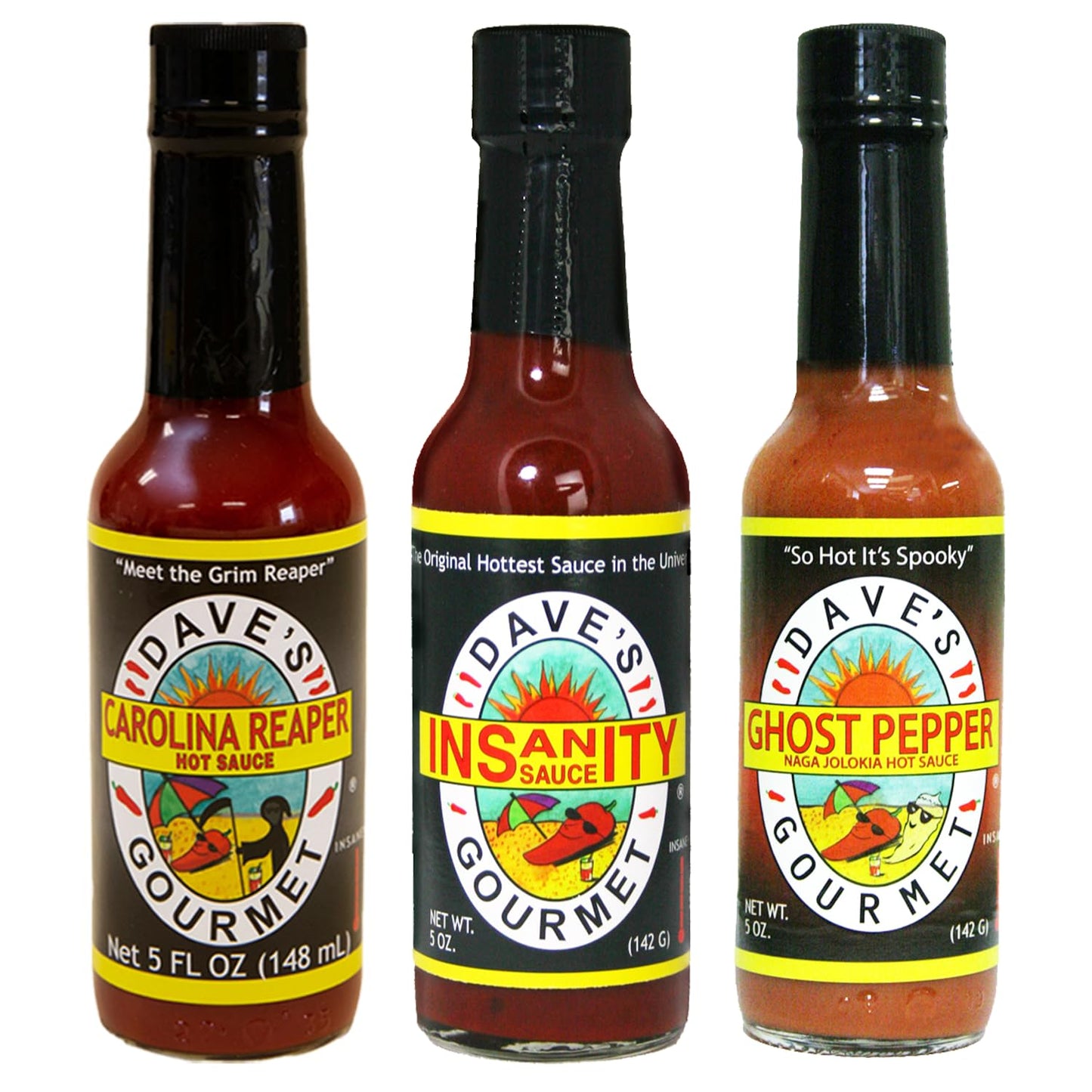 Dave's Gourmet Super Spicy Hot Sauce Variety 3 Pack - Includes Original Insanity, Ghost Pepper Naga Jolokia, and Carolina Reaper - Hot Sauce Set
