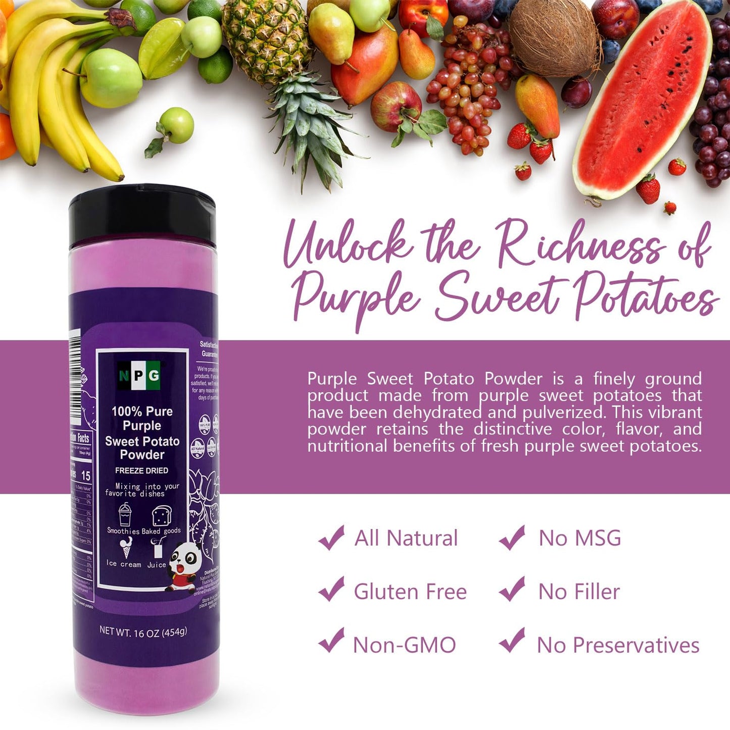 NPG 100% Pure Purple Sweet Potato Powder (Purple Yam Ube) 16 Ounces, All Natural Purple Dry Food Coloring Powder for Baking, Smoothies, Pasta