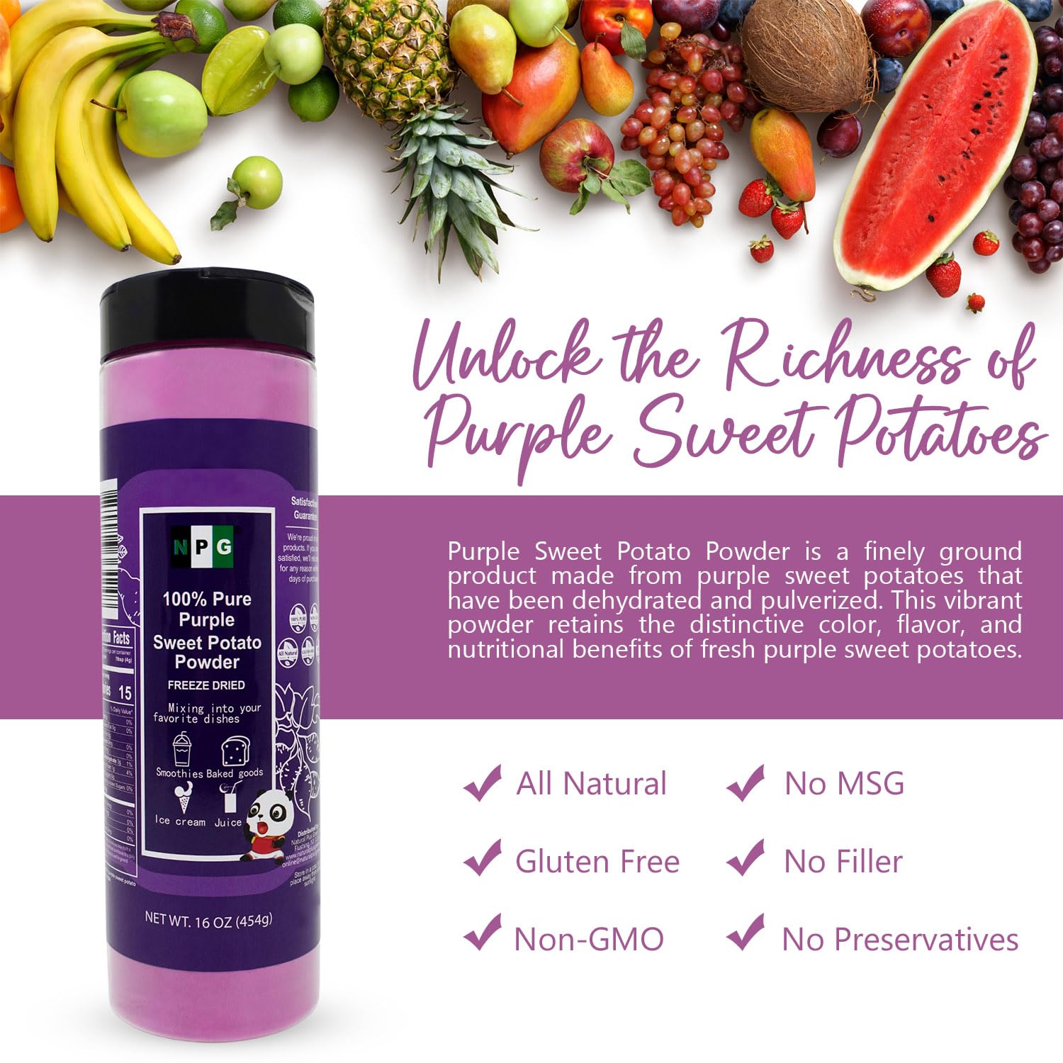 NPG 100% Pure Purple Sweet Potato Powder (Purple Yam Ube) 16 Ounces, All Natural Purple Dry Food Coloring Powder for Baking, Smoothies, Pasta