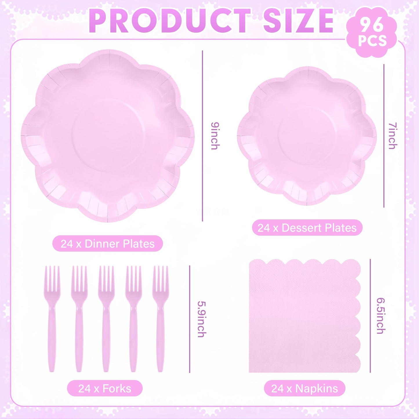 ZUQMZUQ 96 Pcs Purple Paper Plates and Napkins Set 9'' Mothers Day Plates, 7'' Dessert Plate, Plastic Forks, lavender Party supplies for Baby Shower