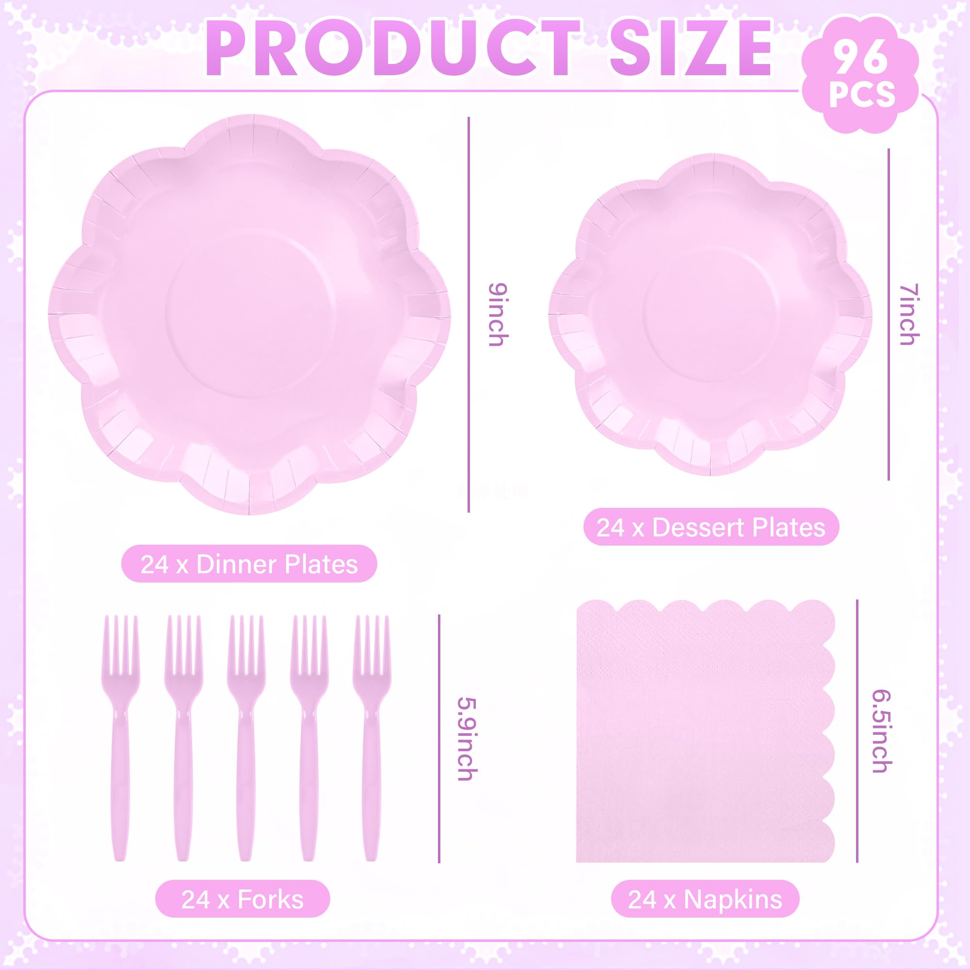 ZUQMZUQ 96 Pcs Purple Paper Plates and Napkins Set 9'' Mothers Day Plates, 7'' Dessert Plate, Plastic Forks, lavender Party supplies for Baby Shower