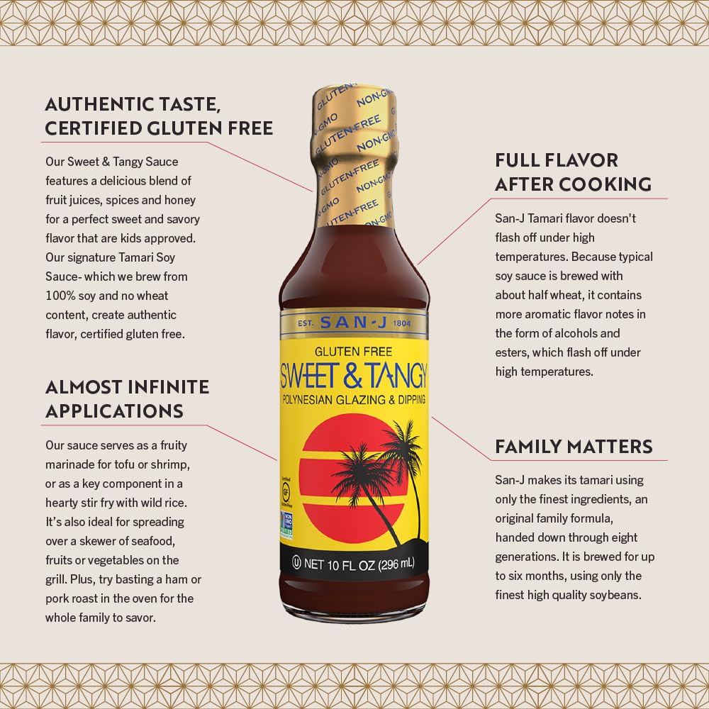 San-J Sweet and Tangy Gluten Free Sauce - Glaze Sauce, Polynesian Sauce, Perfect for Spring Roll Sauce, Polynesian Sauce Chicken, Non-GMO, Kosher - 10