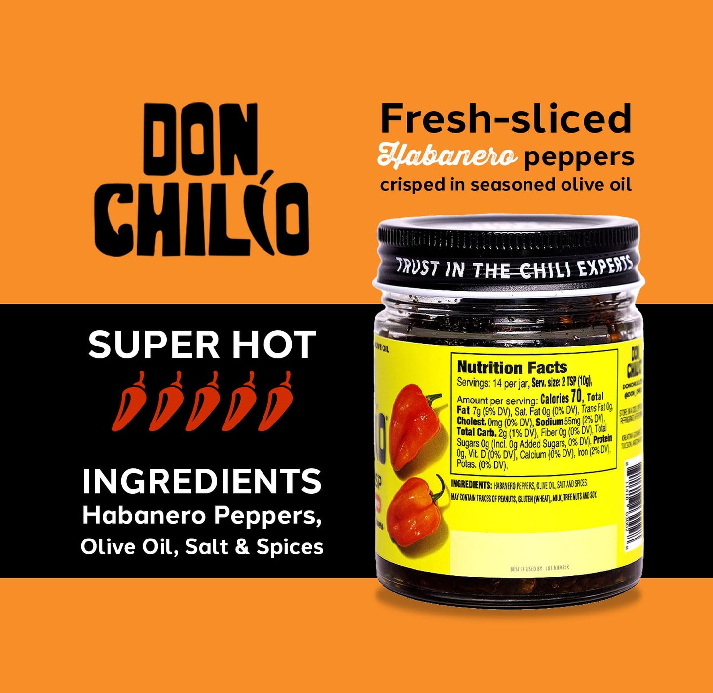 Don Chilio Hot Habanero Mexican Chile Crisp, 5 oz., 3 Pack - Crunchy Sliced Habanero Fried Chili Peppers in Hot Seasoned 100% Olive Oil