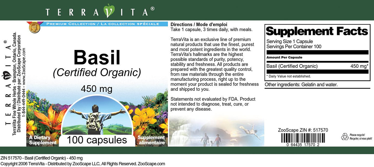 Basil (Certified Organic) - 450 mg (100 Capsules, ZIN: 517570) - 3 Pack