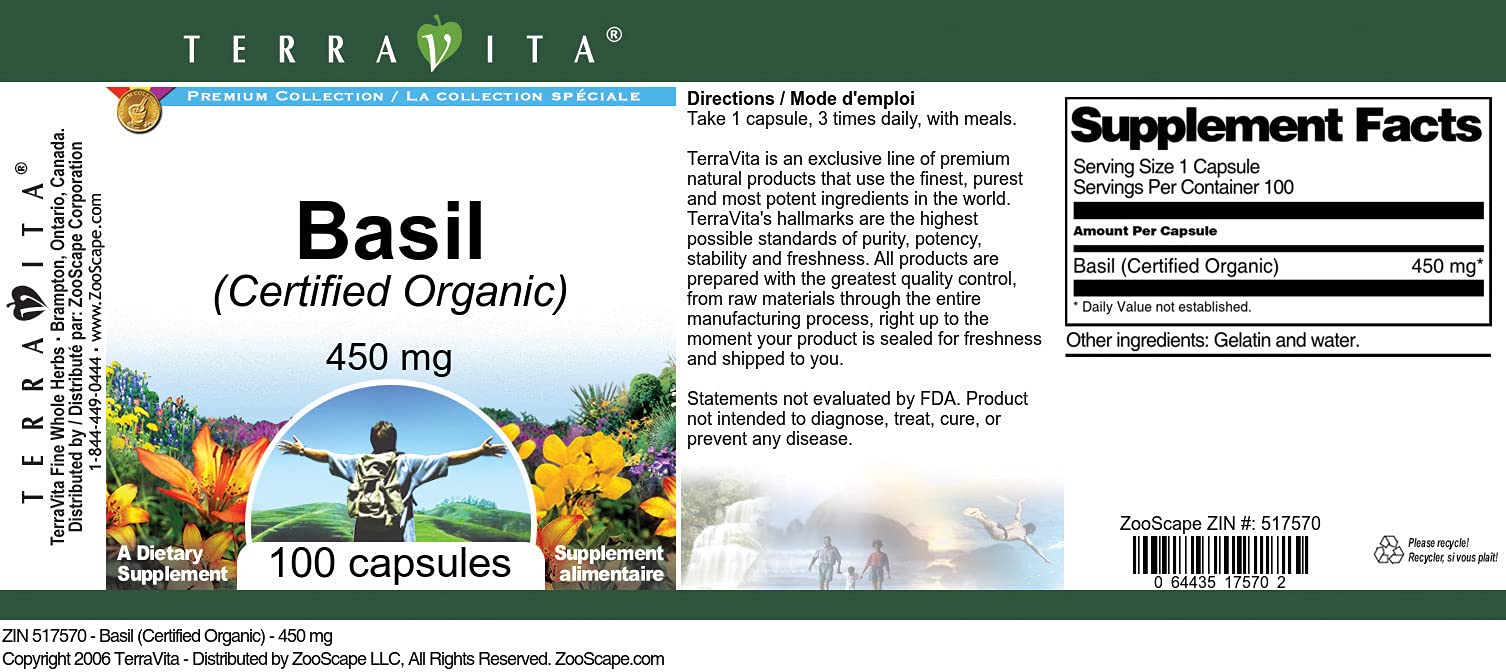 Basil (Certified Organic) - 450 mg (100 Capsules, ZIN: 517570) - 3 Pack