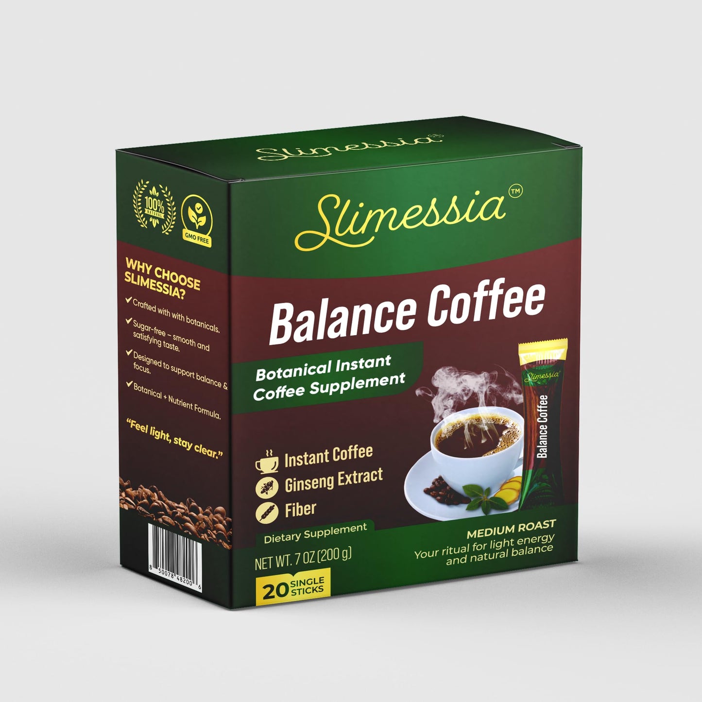 Slimessia Balance Coffee, Medium Roast Instant Coffee with Botanicals, 20 Single Sticks, 7 oz