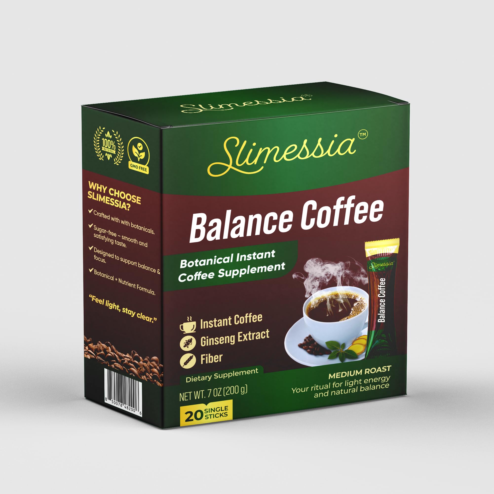 Slimessia Balance Coffee, Medium Roast Instant Coffee with Botanicals, 20 Single Sticks, 7 oz