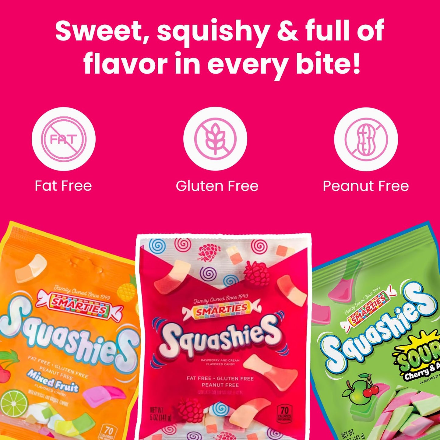 Smarties Squashies Foam Gummy Candies - Raspberry & Cream, Mixed Fruit, Sour Cherry & Apple - Peanut Free & Gluten Free Soft Chewy Candy for Parties