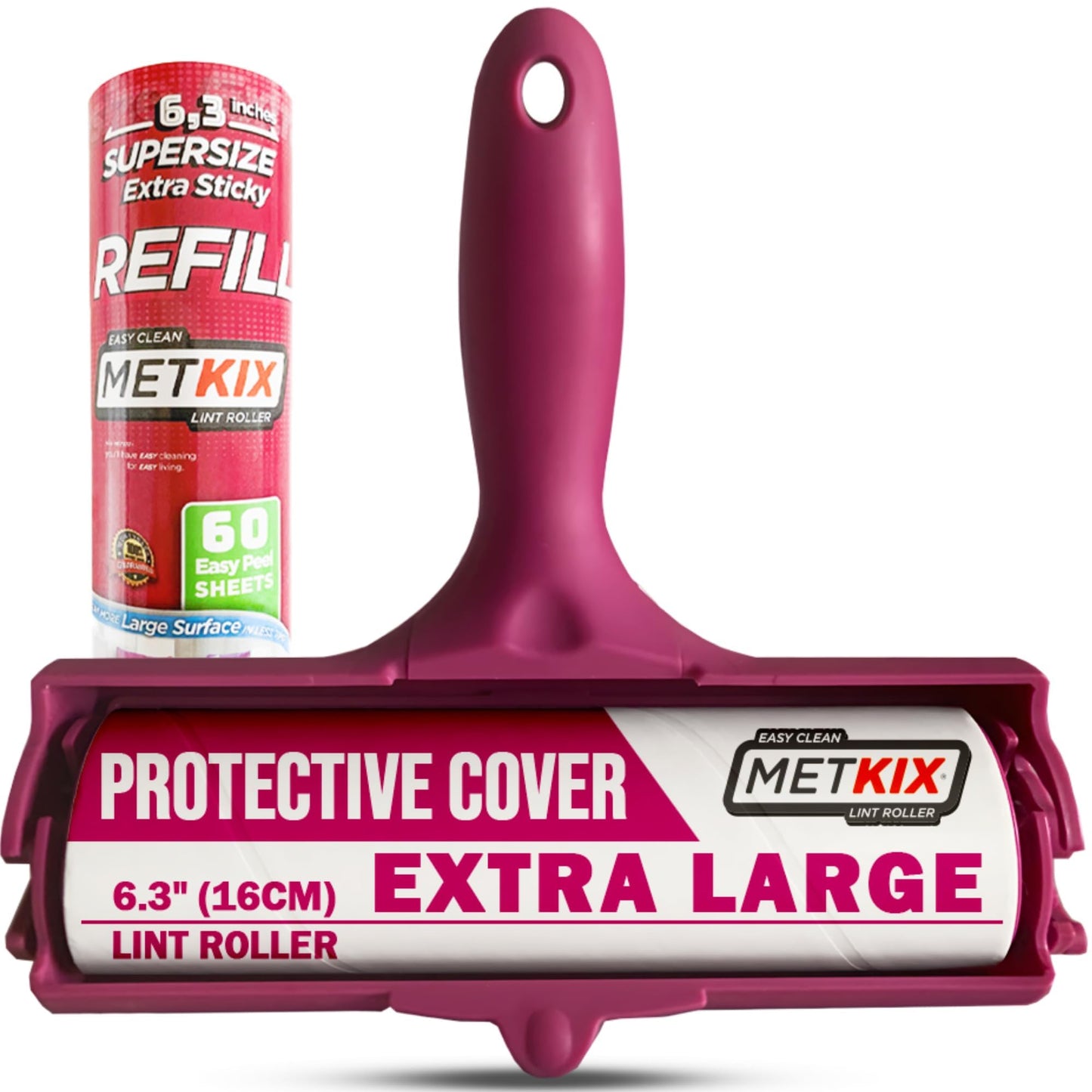 Metkix Large Lint Roller 6.3" with Extra Refill -120 Sticky Sheets, Protective Cover Design, Big Lint Roller for Pet Hair, Furniture, Bed, Couch