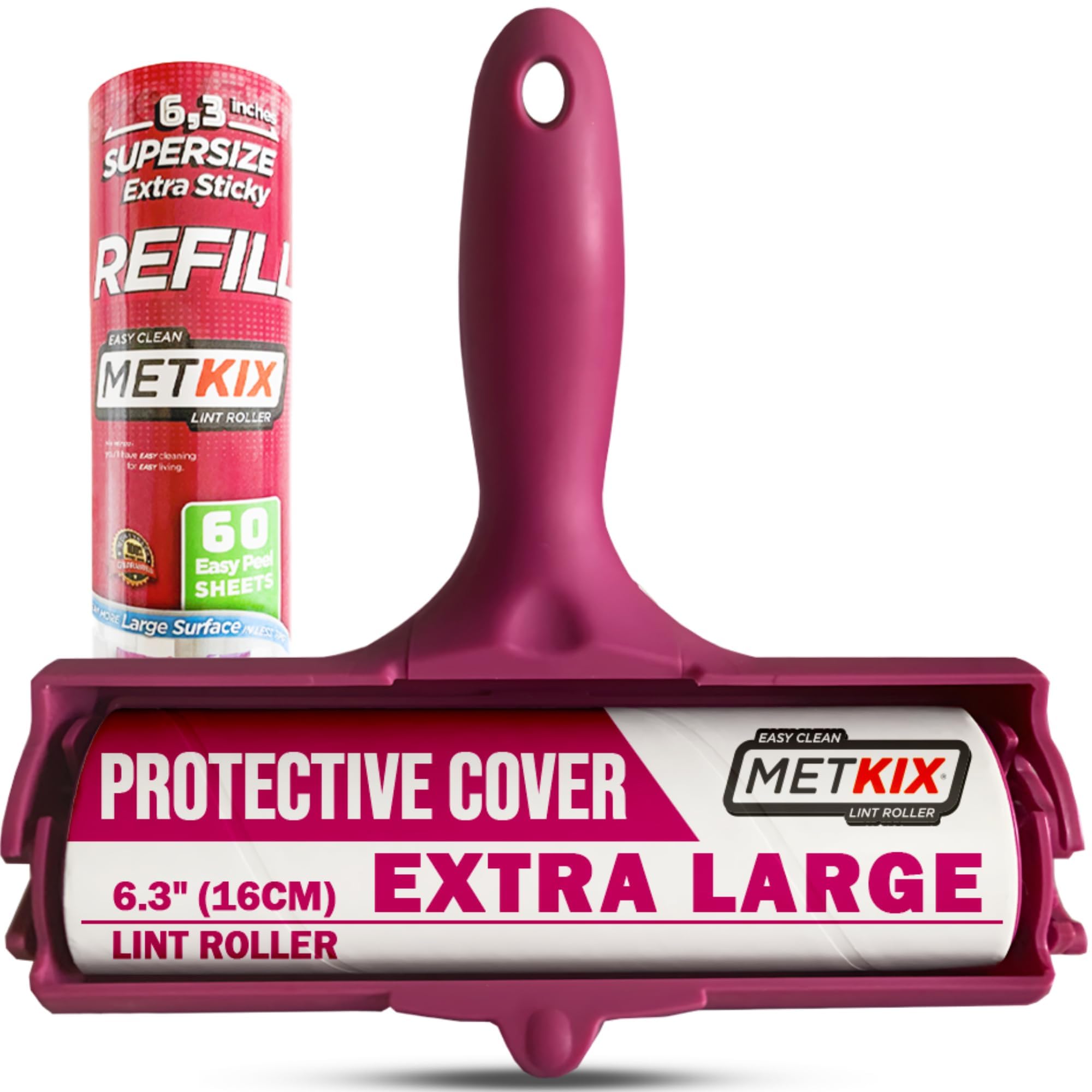 Metkix Large Lint Roller 6.3" with Extra Refill -120 Sticky Sheets, Protective Cover Design, Big Lint Roller for Pet Hair, Furniture, Bed, Couch