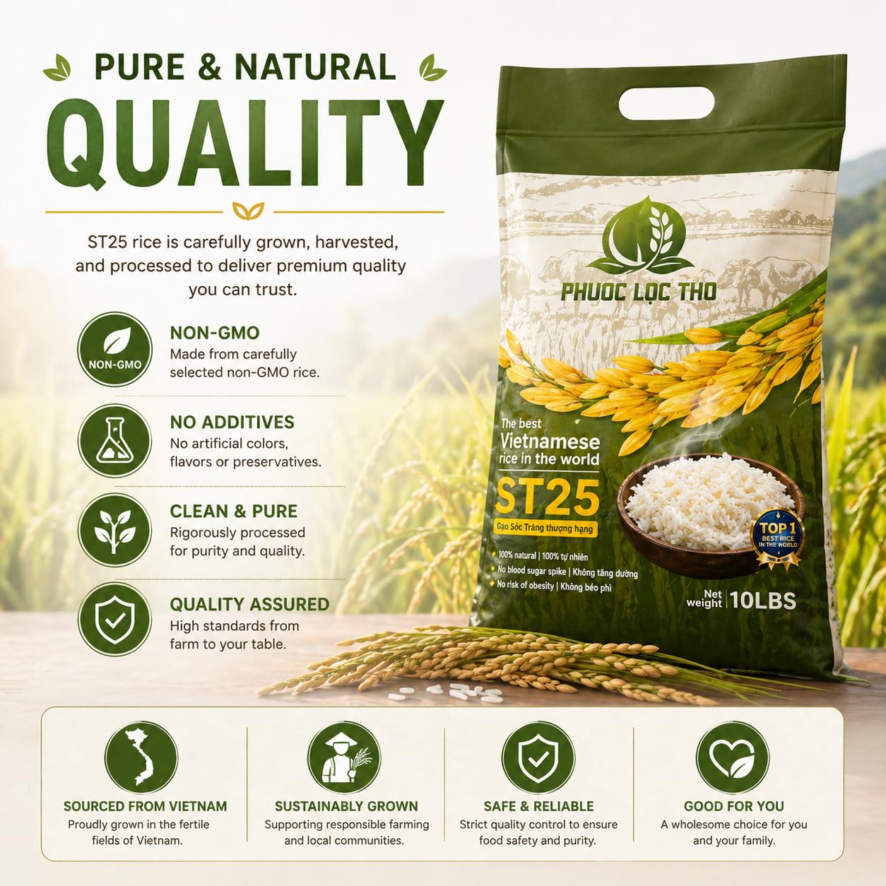Ph??c L?c Th? ST25 Vietnamese Jasmine Rice 10lb - Premium Long Grain White Rice, Fragrant & Soft Texture, Non-GMO, Authentic Asian Rice, Bulk Family Size