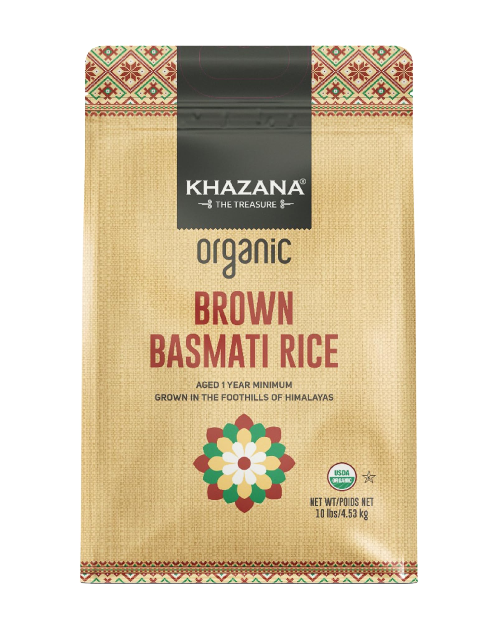 Authentic Organic Brown Basmati Rice by Khazana in 10 lb Bag - Aromatic and Flavorful Indian Grain - Non-GMO, Gluten Free, Kosher, Cholesterol Free