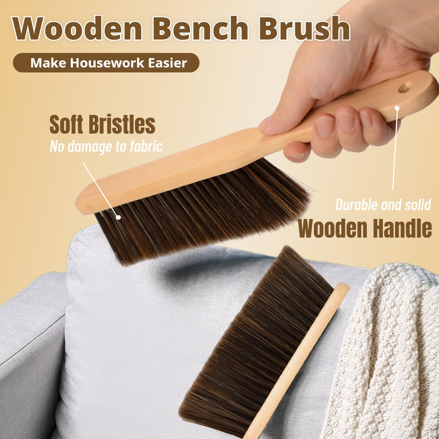 2 Pieces Woooden Dust Brush Hand Broom Bench Brush with Long Wood Handle Whisk Broom Soft Bristle Brush for Counter Bed Sofa Car Fireplace Clothes