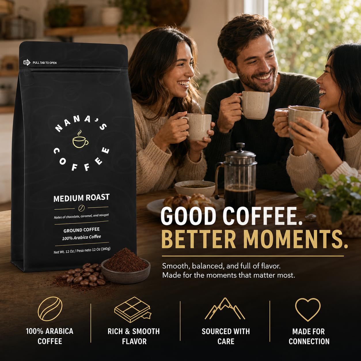 Nana's Coffee Low Acid Organic Ground Coffee 12 Oz - Single Origin Dominican Republic Medium Roast - Smooth & Stomach Friendly Specialty Coffee - 100%