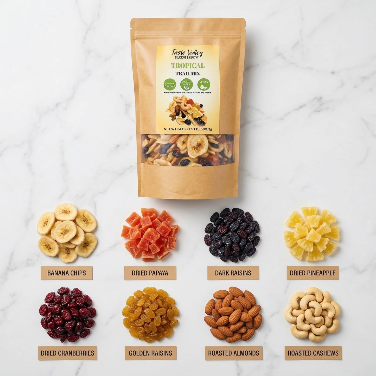 Taste Valley Tropical Trail Mix - Banana Chips, Papaya, Pineapple, Cranberries, Almonds & Cashews - Healthy Fruit & Nut Snack Mix, 24 oz Resealable