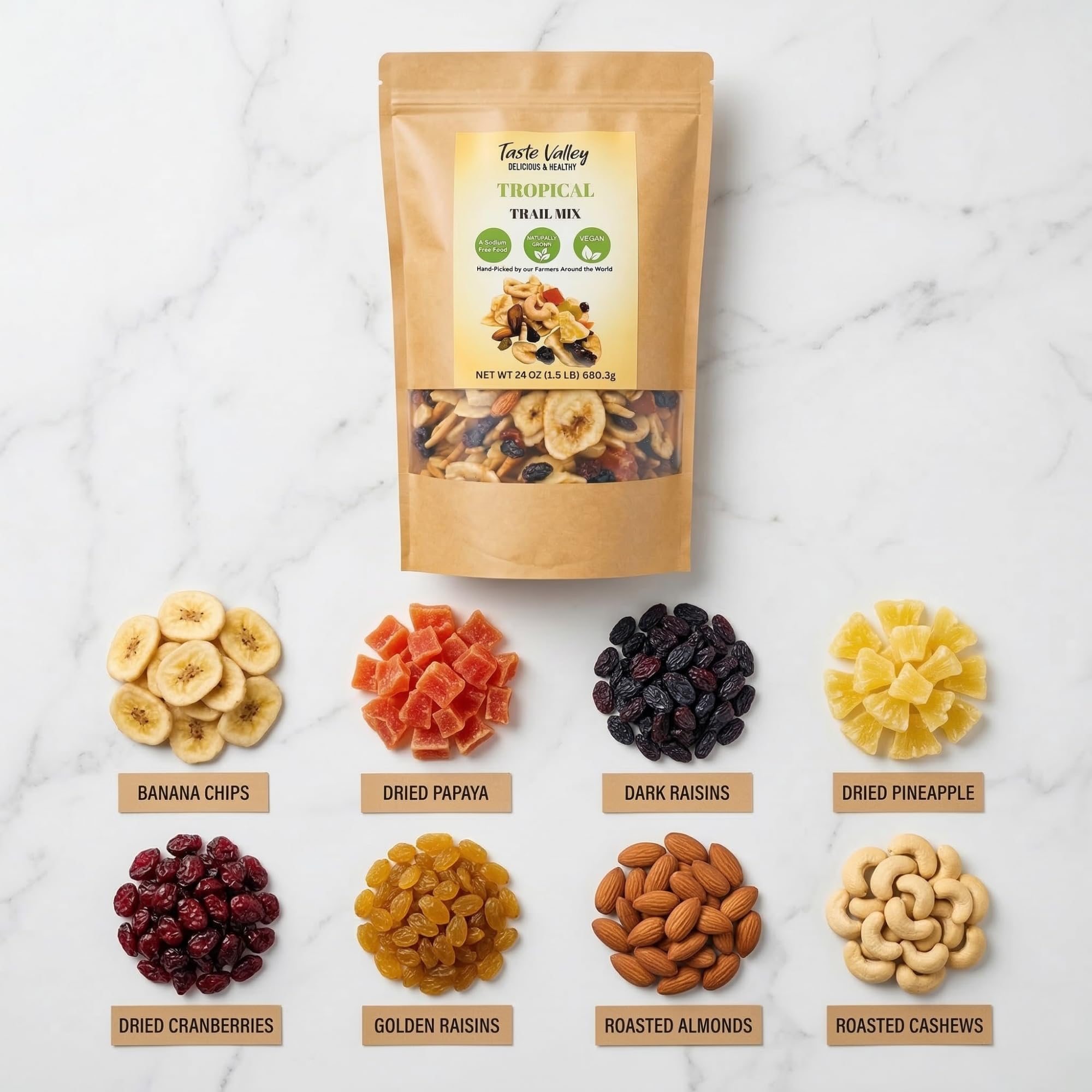 Taste Valley Tropical Trail Mix - Banana Chips, Papaya, Pineapple, Cranberries, Almonds & Cashews - Healthy Fruit & Nut Snack Mix, 24 oz Resealable