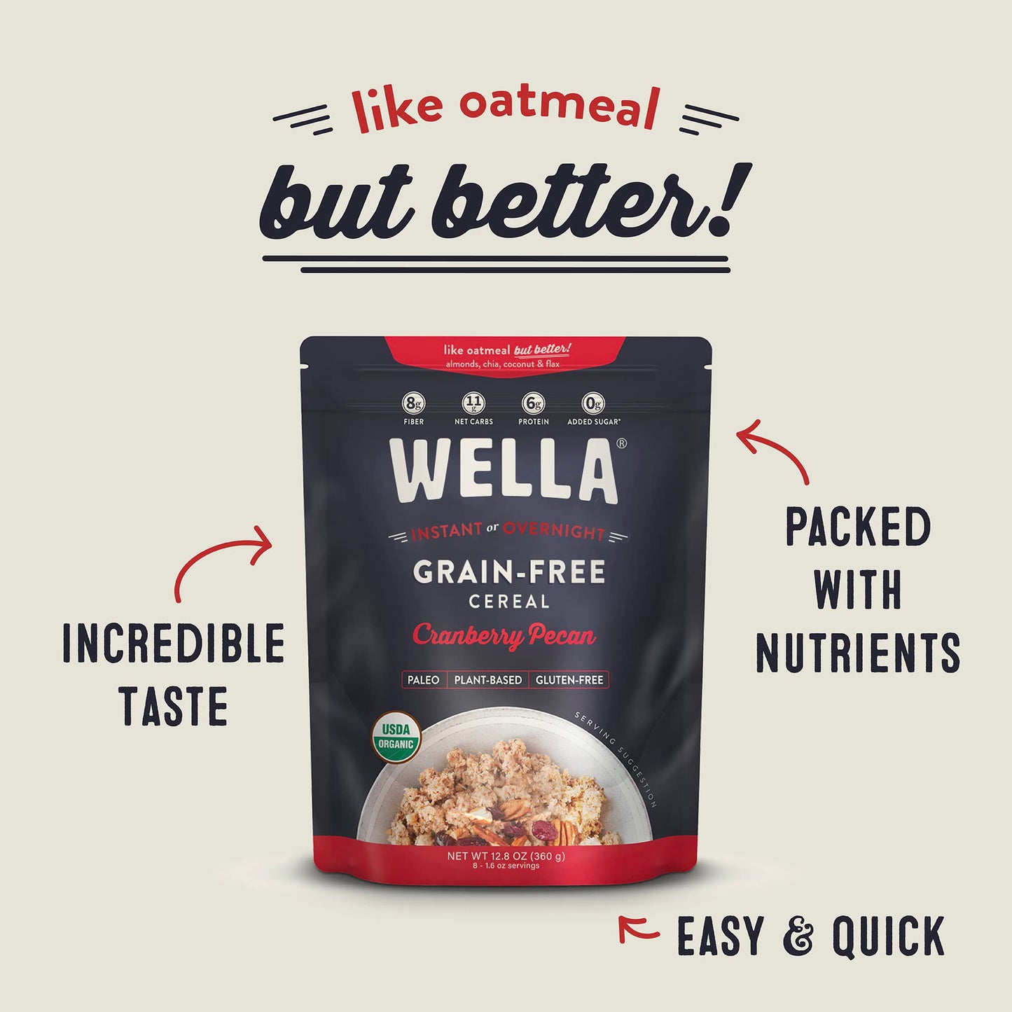 Wella Cereal Oatmeal Alternative, Gluten-Free Breakfast Hot Cereal, Grain-Free Paleo Organic Vegan High Protein Superfood, Plant-Based Non-GMO, Low in