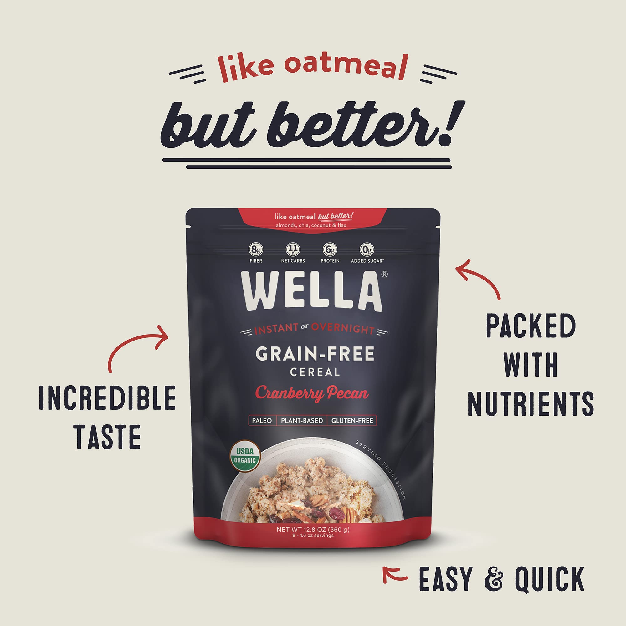 Wella Cereal Oatmeal Alternative, Gluten-Free Breakfast Hot Cereal, Grain-Free Paleo Organic Vegan High Protein Superfood, Plant-Based Non-GMO, Low in