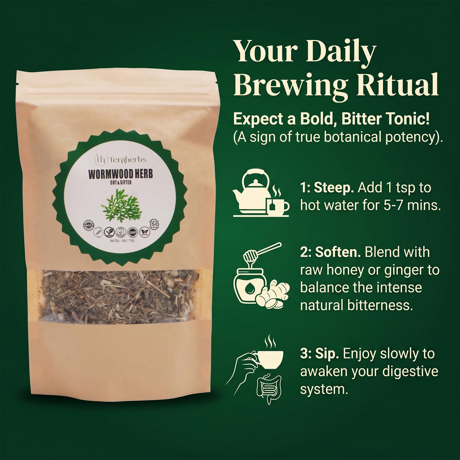 TeraHerbs | Organic Wormwood Herb 4oz Cut & Sifted Artemisia Absinthium | Dried Wormwood Tea In Eco Friendly Resealable Bag | Ajenjo Hierba Natural