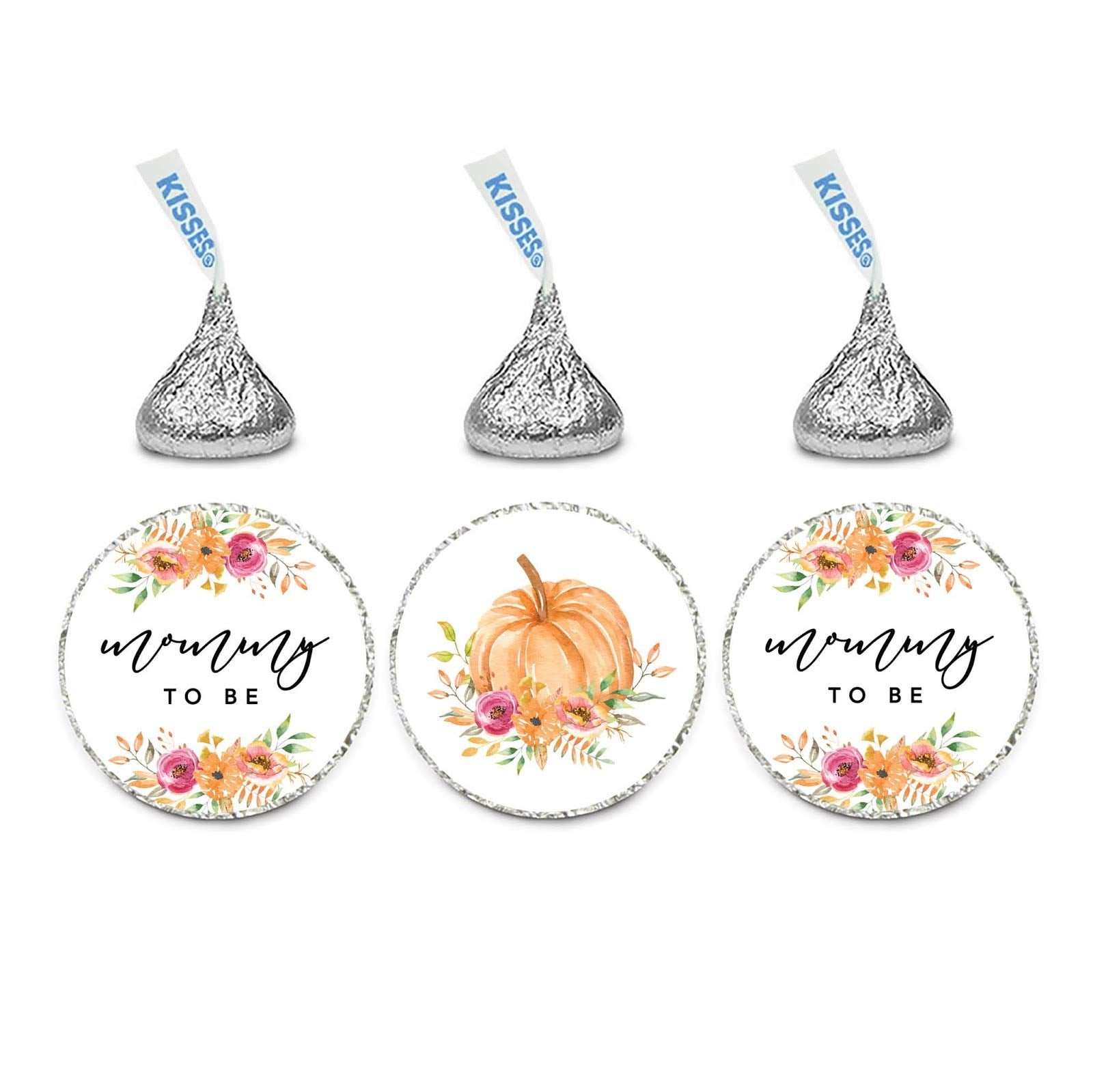 Andaz Press Autumn Fall Watercolor Baby Shower Party Collection, Chocolate Drop Label Stickers Trio, Mommy to Be, Autumn Floral Bouquet and Pumpkin