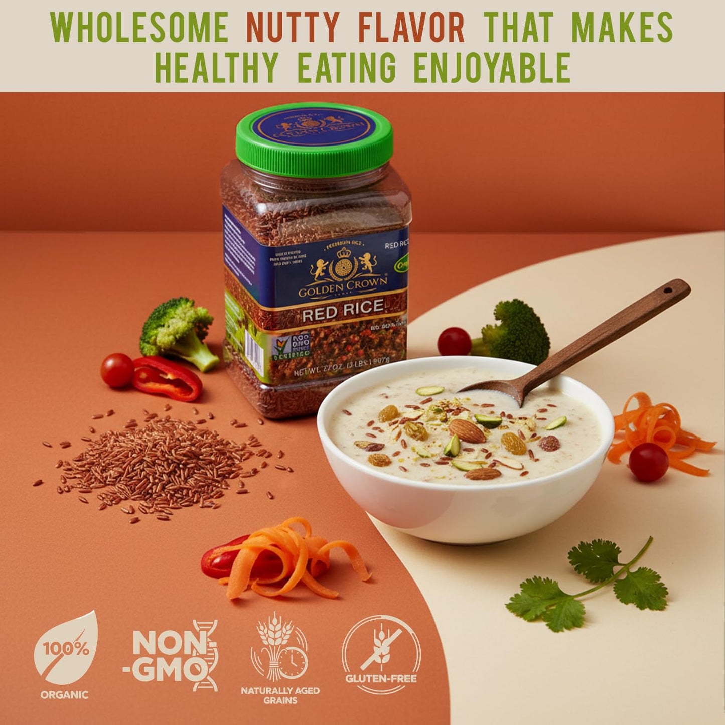 Golden Crown Red Rice | High-Fiber, Naturally Aged Gluten-Free, Non-GMO, Vegan Red Rice | Superfood Rich in Fibre & Antioxidants | Premium Sticky Whole Grain Rice - 32oz (2lb)